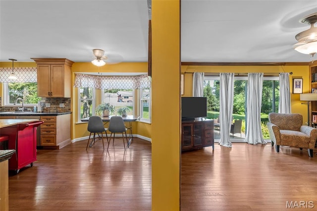 307 Blue Ridge Place Ct, Ballwin, MO 63011 - kitchen with healthy amount of natural light, dark wood-type flooring, decorative backsplash, and dark countertops