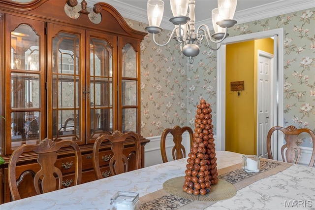 307 Blue Ridge Place Ct, Ballwin, MO 63011 - dining area featuring wallpapered walls, ornamental molding, and a chandelier