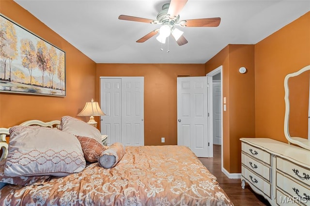 307 Blue Ridge Place Ct, Ballwin, MO 63011 - bedroom featuring dark wood finished floors, a closet, and ceiling fan