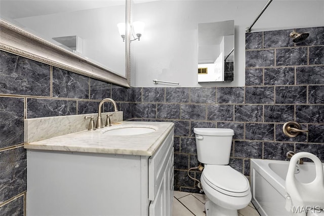 5311 Grove Ave, Ferguson, MO 63135 - full bathroom with tile walls, vanity,  shower combination, tile patterned flooring, and wainscoting