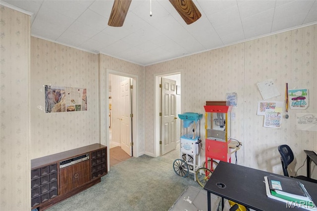 204 E Jefferson St, Potosi, MO 63664 - carpeted home office with a ceiling fan, crown molding, and wallpapered walls