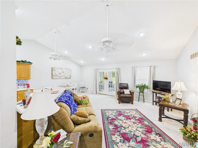 1110 State Highway Ad, Dexter, MO 63841 - living area featuring vaulted ceiling, a ceiling fan, light carpet, and recessed lighting