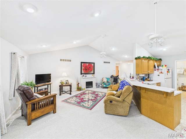 1110 State Highway Ad, Dexter, MO 63841 - living area featuring lofted ceiling, light colored carpet, a ceiling fan, and recessed lighting