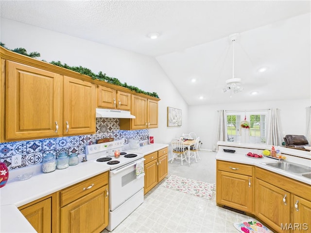 1110 State Highway Ad, Dexter, MO 63841 - kitchen featuring electric range, under cabinet range hood, lofted ceiling, backsplash, and light countertops