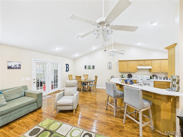 1110 State Highway Ad, Dexter, MO 63841 - living area with ceiling fan, vaulted ceiling, wood finished floors, french doors, and recessed lighting