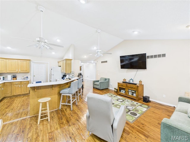 1110 State Highway Ad, Dexter, MO 63841 - living room featuring ceiling fan, lofted ceiling, light wood finished floors, and recessed lighting