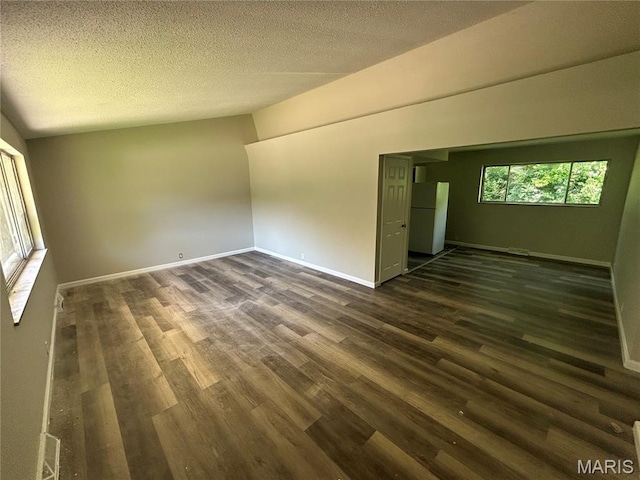 10205 Northland Hills Ct, Ferguson Township, MO 63136 - empty room featuring dark wood finished floors, a textured ceiling, and vaulted ceiling