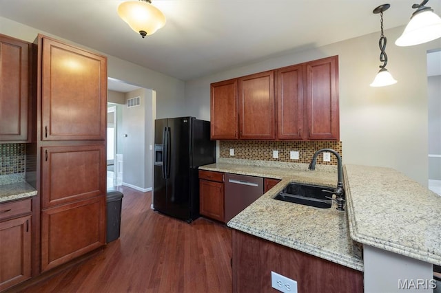 1305 Monarch Lake Ln, Shiloh, IL 62221 - kitchen featuring black fridge with ice dispenser, dishwasher, dark wood-style flooring, a peninsula, and decorative backsplash