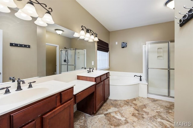 1305 Monarch Lake Ln, Shiloh, IL 62221 - full bathroom with a shower stall, vanity, a bath, and stone finish flooring