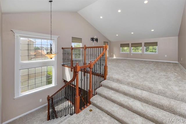 1305 Monarch Lake Ln, Shiloh, IL 62221 - stairs featuring carpet floors, high vaulted ceiling, and recessed lighting