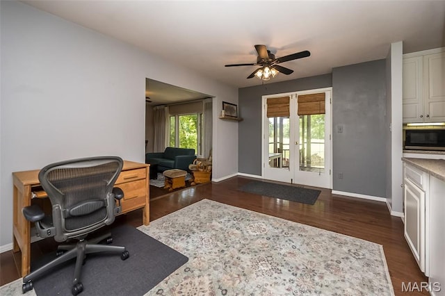 3644 Crestview Dr, Hillsboro, MO 63050 - office area featuring dark wood-type flooring and a ceiling fan