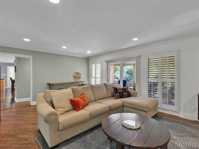 1571 Yarmouth Point Dr, Chesterfield, MO 63017 - living area featuring ornamental molding, recessed lighting, and dark wood-style floors