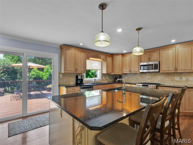 1571 Yarmouth Point Dr, Chesterfield, MO 63017 - kitchen featuring stainless steel appliances, wood finished floors, a breakfast bar, backsplash, and a center island with sink