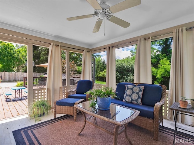 1571 Yarmouth Point Dr, Chesterfield, MO 63017 - sunroom featuring healthy amount of natural light, a ceiling fan, and outdoor lounge area