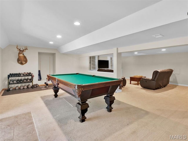 1571 Yarmouth Point Dr, Chesterfield, MO 63017 - rec room with carpet, billiards, recessed lighting, and lofted ceiling