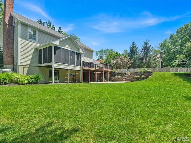 1571 Yarmouth Point Dr, Chesterfield, MO 63017 - back of house featuring a sunroom, a chimney, and a deck