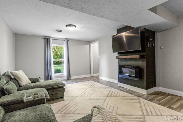 112 Dale Dr, Hillsboro, MO 63050 - living room featuring wood finished floors, a large fireplace, and a textured ceiling
