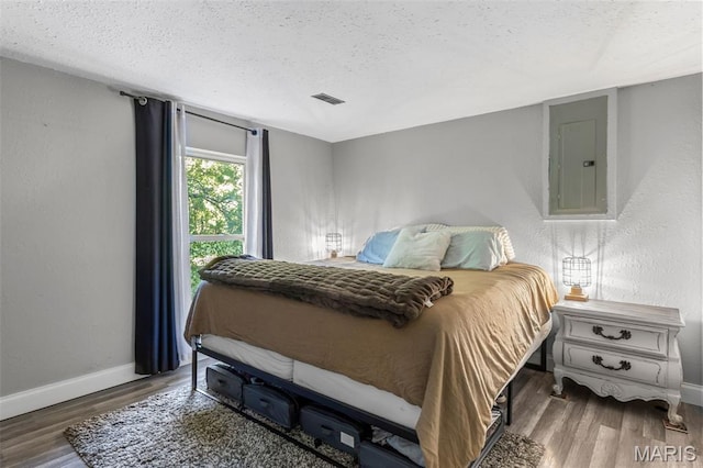 112 Dale Dr, Hillsboro, MO 63050 - bedroom featuring electric panel, wood finished floors, and a textured ceiling