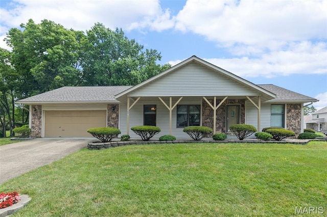 607 Sparrow Ct, Troy, IL 62294 - ranch-style home with stone siding, an attached garage, driveway, a front lawn, and roof with shingles