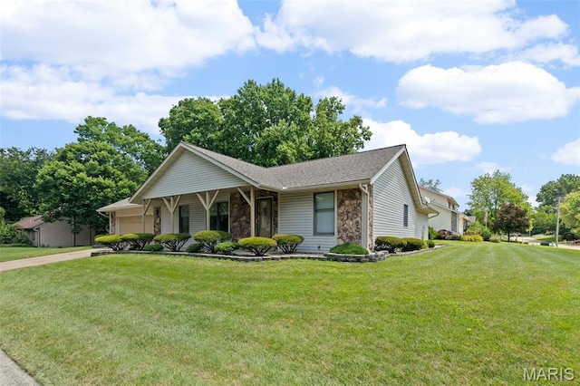 607 Sparrow Ct, Troy, IL 62294 - ranch-style home with stone siding, a garage, a front yard, and driveway