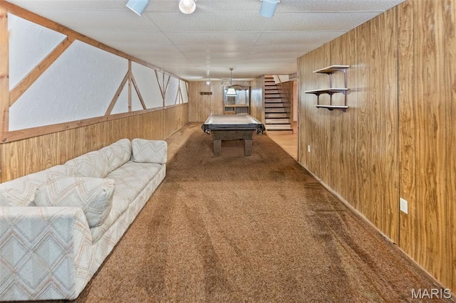 607 Sparrow Ct, Troy, IL 62294 - playroom featuring wooden walls, billiards table, and carpet flooring