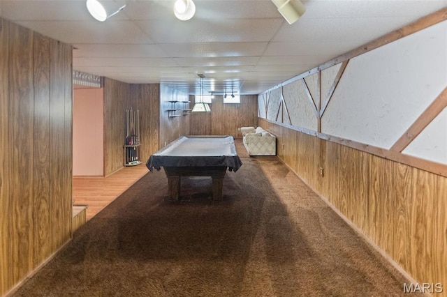 607 Sparrow Ct, Troy, IL 62294 - game room with wood walls, carpet flooring, billiards, and a drop ceiling