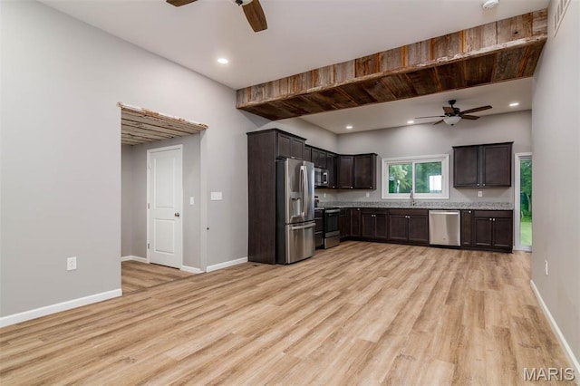18347 Windy Hill Rd, Staunton, IL 62088 - kitchen with a ceiling fan, stainless steel appliances, light wood-style flooring, and recessed lighting