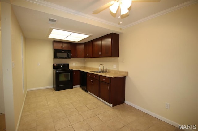 1400 Heritage Lndg Unit 106, Saint Charles, MO 63303 - kitchen with black appliances, light countertops, a ceiling fan, dark brown cabinetry, and ornamental molding