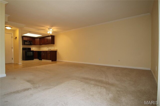 1400 Heritage Lndg Unit 106, Saint Charles, MO 63303 - unfurnished living room featuring light colored carpet, ceiling fan, and ornamental molding