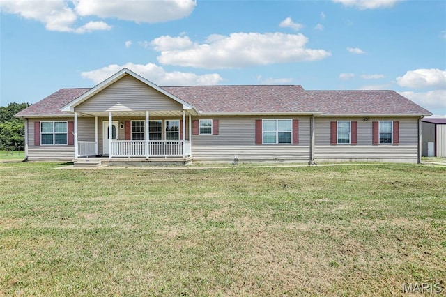 1518 Old Ripley Rd, Sorento, IL 62086 - ranch-style house featuring a porch, a front lawn, and roof with shingles