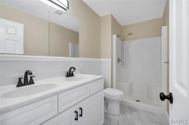 2601 Brookfield Ct, Columbia, IL 62236 - bathroom featuring double vanity, marble look tiles, and a shower