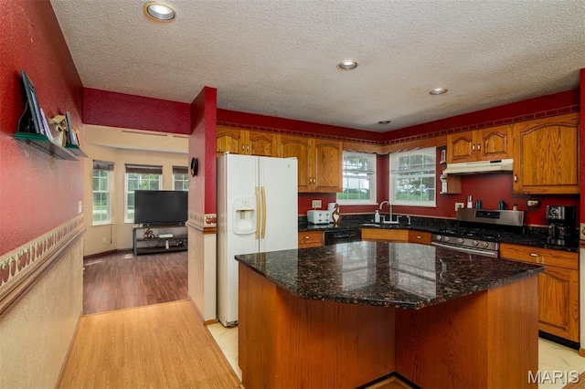 2364 Marine Rd, Highland, IL 62249 - kitchen with stainless steel range with gas stovetop, white fridge with ice dispenser, light wood-style flooring, a textured ceiling, and under cabinet range hood