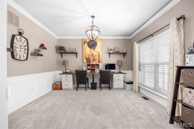 7742 Ardmore Dr, Ofallon, MO 63368 - office space featuring a chandelier, carpet flooring, crown molding, and a wainscoted wall