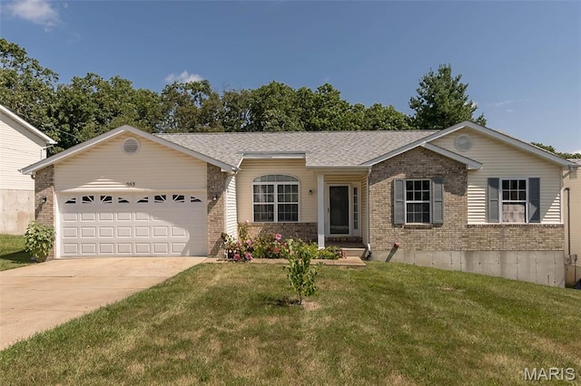 563 Great Plains Dr, House Springs, MO 63051 - ranch-style house featuring brick siding, an attached garage, driveway, a front lawn, and a shingled roof