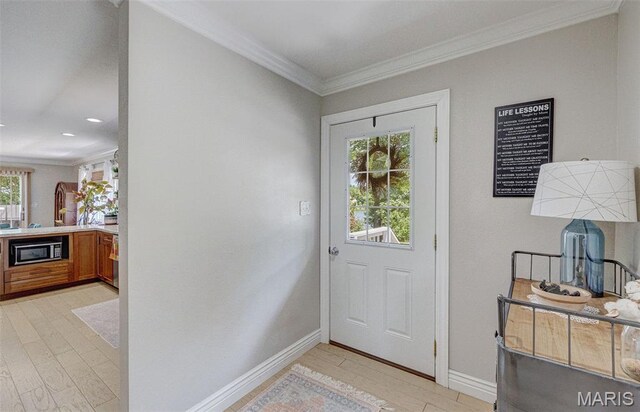 10317 Mallard Rd, Potosi, MO 63664 - entryway with ornamental molding, light wood-style floors, and recessed lighting