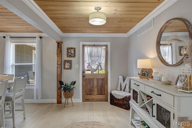 10317 Mallard Rd, Potosi, MO 63664 - foyer with wood ceiling, crown molding, and light wood-style flooring
