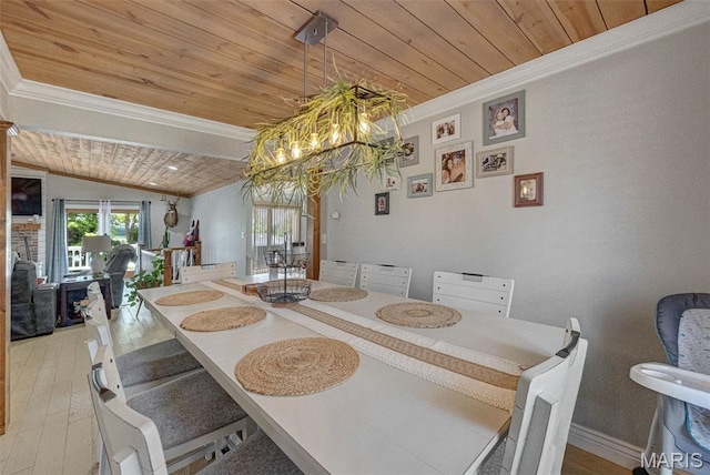 10317 Mallard Rd, Potosi, MO 63664 - dining area featuring wood ceiling, crown molding, hardwood / wood-style flooring, vaulted ceiling, and a chandelier