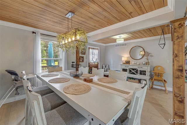 10317 Mallard Rd, Potosi, MO 63664 - dining room with wooden ceiling, crown molding, hardwood / wood-style flooring, and a chandelier