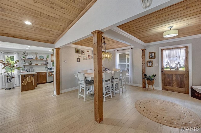 10317 Mallard Rd, Potosi, MO 63664 - dining area with wood ceiling, crown molding, a chandelier, light wood finished floors, and recessed lighting