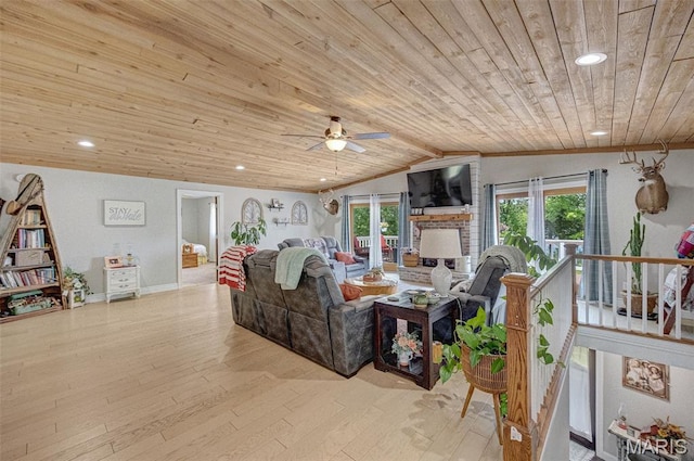10317 Mallard Rd, Potosi, MO 63664 - living room with wood ceiling, vaulted ceiling, ceiling fan, wood finished floors, and recessed lighting