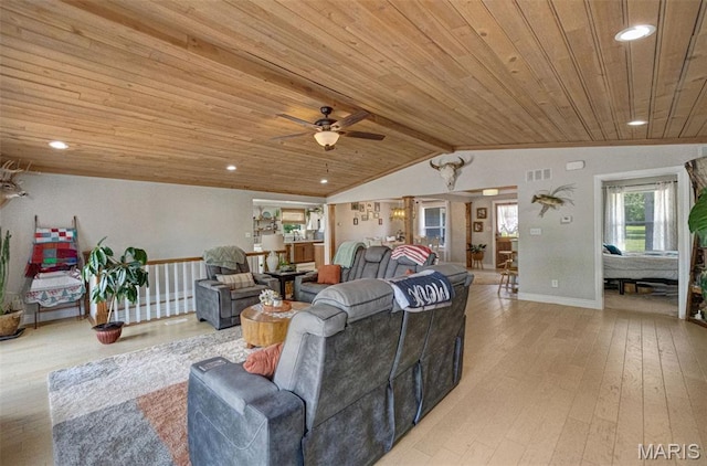 10317 Mallard Rd, Potosi, MO 63664 - living area with wooden ceiling, light wood-style flooring, a ceiling fan, vaulted ceiling, and recessed lighting