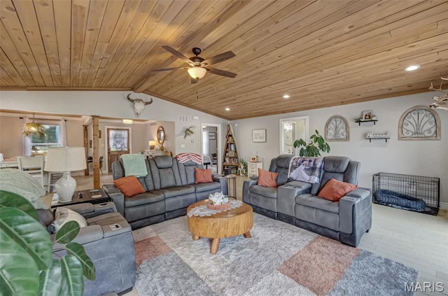 10317 Mallard Rd, Potosi, MO 63664 - living room featuring wooden ceiling, wood finished floors, a ceiling fan, lofted ceiling, and recessed lighting
