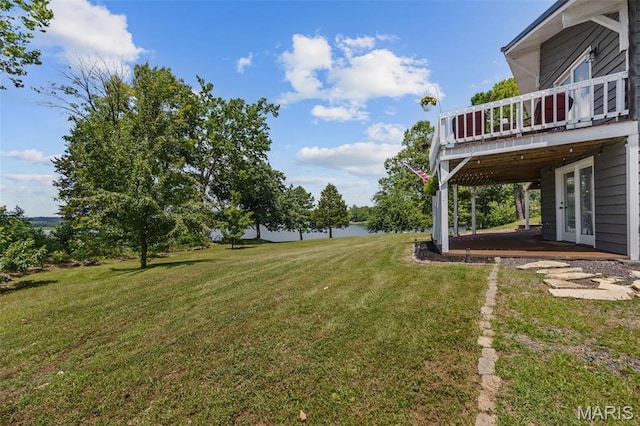 10317 Mallard Rd, Potosi, MO 63664 - view of grassy yard with a deck with water view and french doors