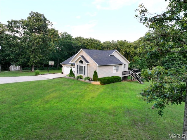 885 Oak Pass Ln, Sullivan, MO 63080 - ranch-style home with a front yard, driveway, stairway, a shed, and a wooden deck