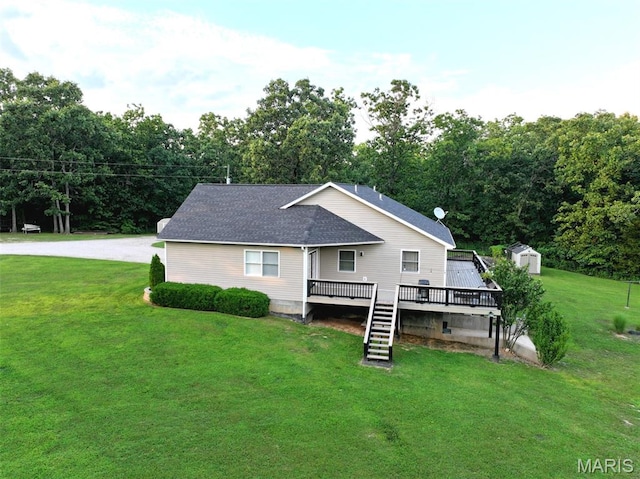 885 Oak Pass Ln, Sullivan, MO 63080 - back of house with a deck, a lawn, stairway, a shed, and a shingled roof