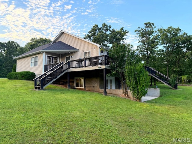 885 Oak Pass Ln, Sullivan, MO 63080 - back of property featuring stairway, a wooden deck, and a lawn