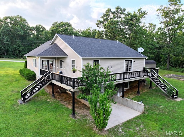 885 Oak Pass Ln, Sullivan, MO 63080 - back of property featuring stairway, french doors, a wooden deck, and a shingled roof