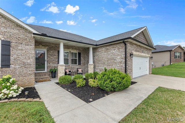 255 Sassenach Dr, Jackson, MO 63755 - view of front of property with an attached garage, a porch, driveway, brick siding, and a front lawn