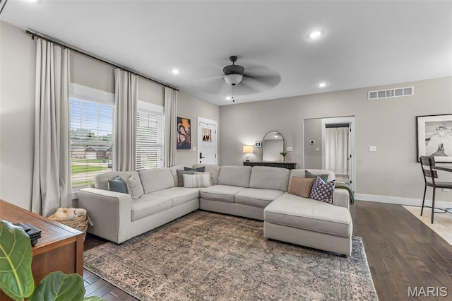 255 Sassenach Dr, Jackson, MO 63755 - living area featuring dark wood finished floors, recessed lighting, and ceiling fan