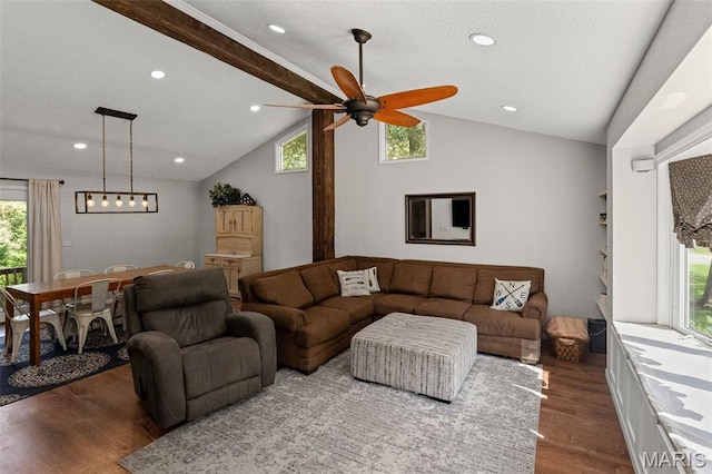 1716 Fountainbleu Dr, Worden, IL 62097 - living room featuring dark wood-style floors, lofted ceiling, healthy amount of natural light, a ceiling fan, and recessed lighting